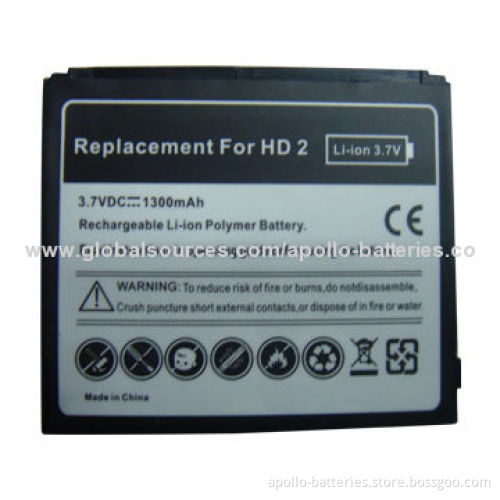 Mobile Phone Battery for HTC HD 2, 1,300mAh, Made in China